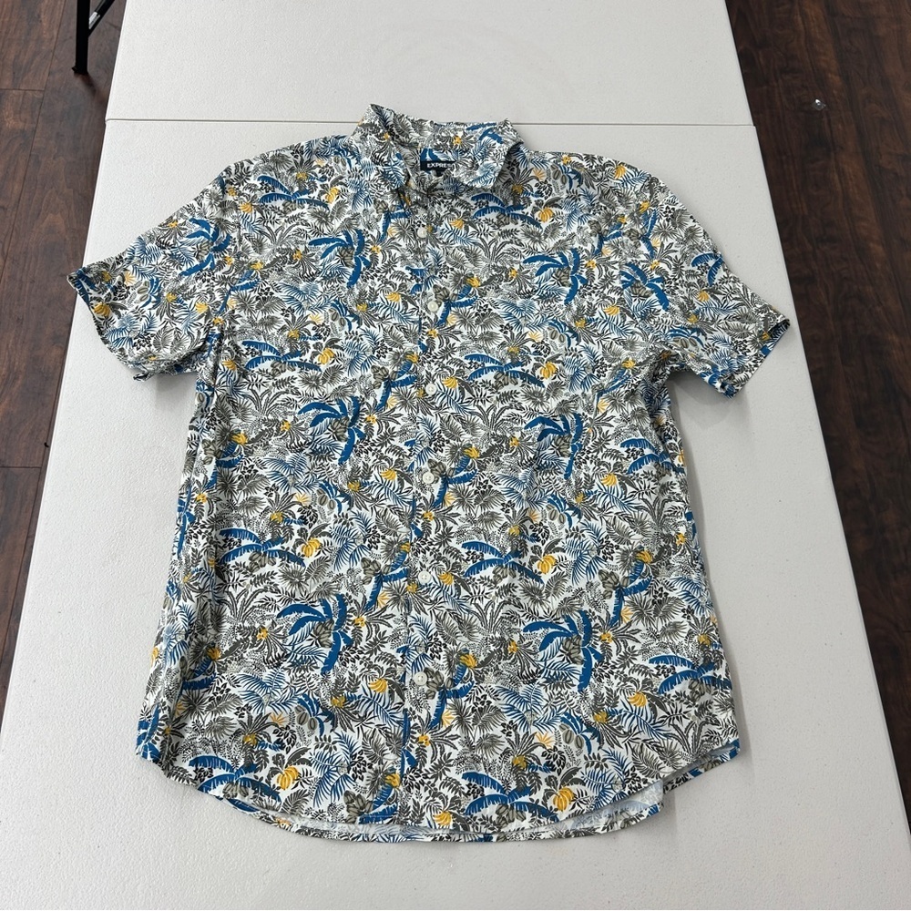 Express Blue and Yellow Casual Button Down Shirt